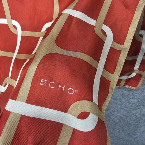 Echo Silk Scarf Women Red Tan Chain Link Designer Long Wrap Mod 70s Preppy 14x44 - Picture 2 of 11